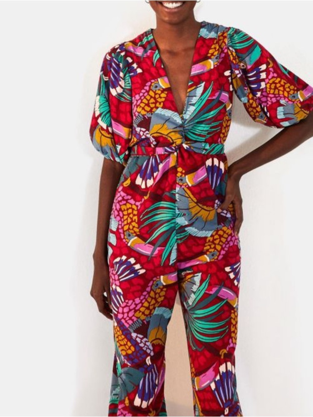 FARM RiO Toucan Brushedstroke Linen Blend Jumpsuit multi color size medium